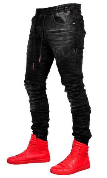 men moto biker pants full length vintage decoration skinny fit type pleated front style elastic waist closure type, Black
men moto biker pants full length vintage decoration skinny fit type pleated front style elastic waist closure type, Black