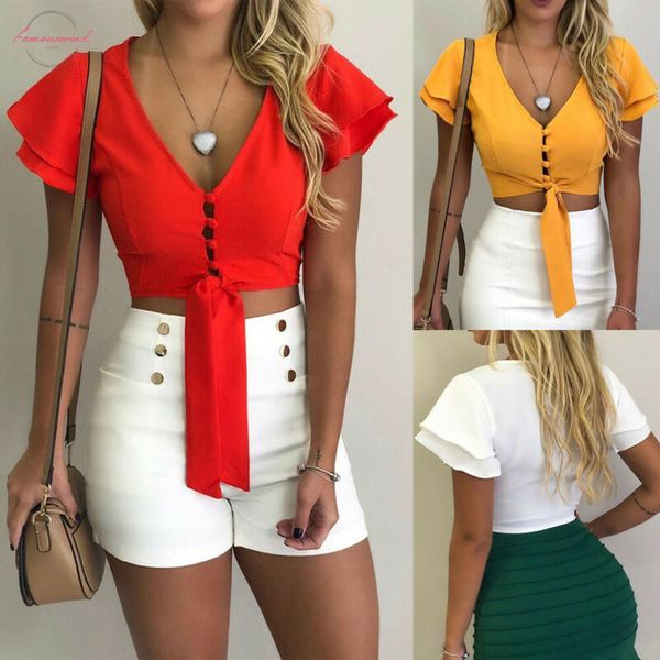 ladies summer fashion womens ruffled button down t shirt casual solid color lace up tee, White
ladies summer fashion womens ruffled button down t shirt casual solid color lace up tee, White
