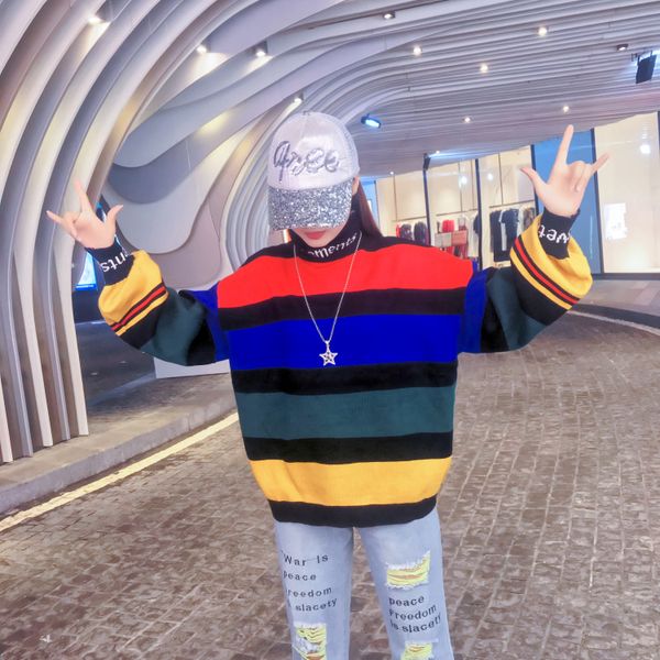 peiling dragon womens sweaters long sleeves winter autumn loose sweater rainbow stripe female tide card w0160, White;black
peiling dragon womens sweaters long sleeves winter autumn loose sweater rainbow stripe female tide card w0160, White;black
