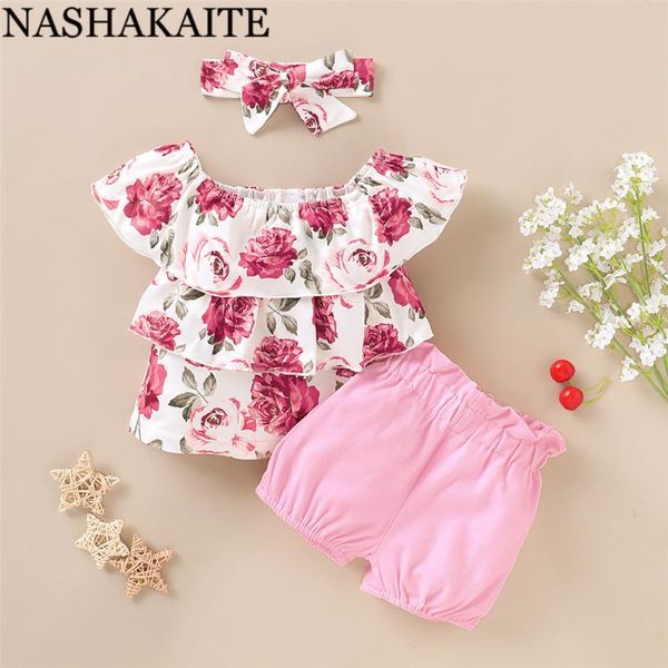 nashakaite toddler baby girl outfits pink floral sweet off shoulder solid shorts with headband lovely baby girl clothes set, White