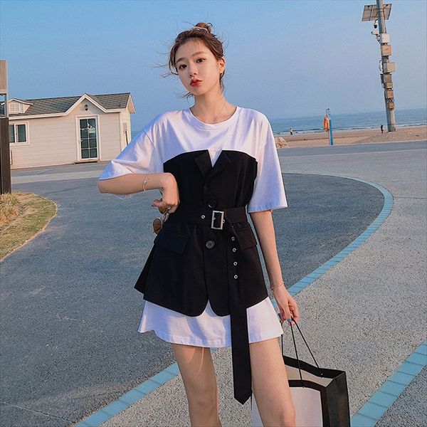 main push 2020 fake two-piece suit waist slim temperament short sleeve stitching dress small fashion, White
main push 2020 fake two-piece suit waist slim temperament short sleeve stitching dress small fashion, White