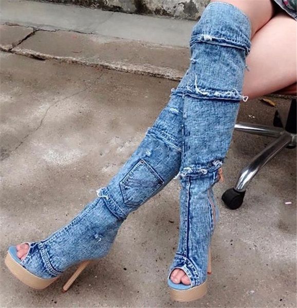 denim leather long boots extreme high heel platform wedge shoes woman peep toe knee high boot summer cowboy boots for women thin, Black
denim leather long boots extreme high heel platform wedge shoes woman peep toe knee high boot summer cowboy boots for women thin, Black