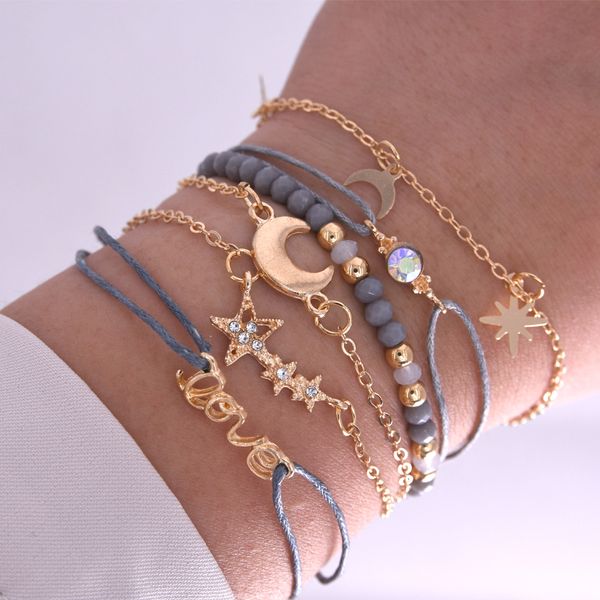 six-piece / set bohemian bracelet boho handmade stars moon love charm grey beads gold color chain open bracelet, Black
six-piece / set bohemian bracelet boho handmade stars moon love charm grey beads gold color chain open bracelet, Black