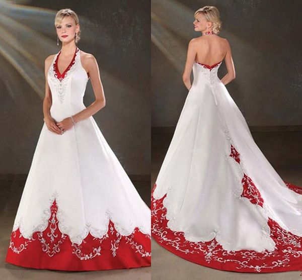 vintage design white and red wedding dresses halter neck beaded embriodery a line satin sweep train church bridal gowns
vintage design white and red wedding dresses halter neck beaded embriodery a line satin sweep train church bridal gowns