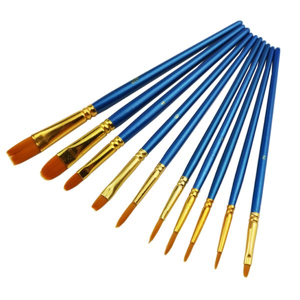 Watercolor Gouache Paint Brushes Sets Blue Wooden Handle Nylon Hair 10 Pcs Painting Pen Stationary Art Supplies