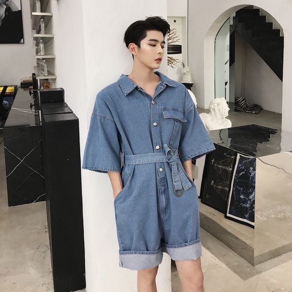 new summer men short sleeve jean jumpsuits fashion single breasted denim playsuits streetwear loose fit knee length jumpsuit, Blue
new summer men short sleeve jean jumpsuits fashion single breasted denim playsuits streetwear loose fit knee length jumpsuit, Blue