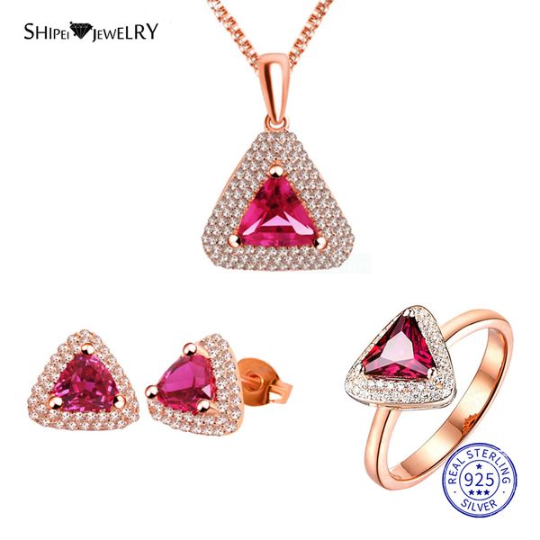 

shipei 100% sterling silver ruby triangle jewelry set rose gold stud earrings pendant necklace ring for women fine jewelry, Black