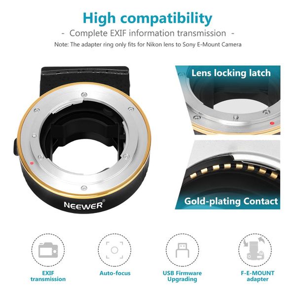 neewer electronic af lens mount adapter auto focus aperture control compatible with nikon f lense to sony e-mount cameras
neewer electronic af lens mount adapter auto focus aperture control compatible with nikon f lense to sony e-mount cameras
