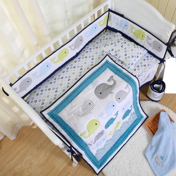 8 Piece Whale Baby Crib Bedding Set Blue Ocean Nautical And Anchors Nursery Crib Set With Bumper Pads 2020 New Design Sale