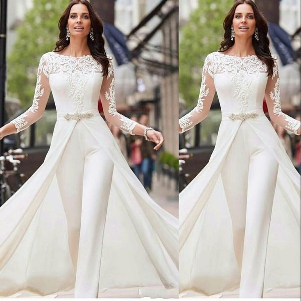 new beach jumpsuit a line wedding dresses jewel neck chiffon lace appliques long sleeves pants plus size formal bridal gowns, White 
new beach jumpsuit a line wedding dresses jewel neck chiffon lace appliques long sleeves pants plus size formal bridal gowns, White