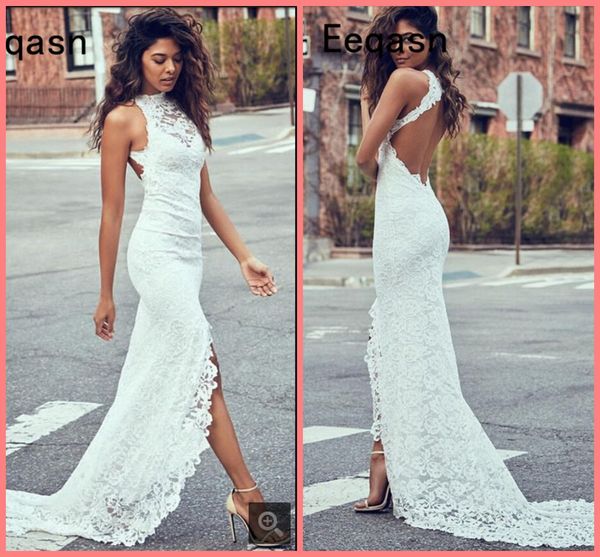 lace wedding dresses floor length back open halter summer mermaid boho weddings gowns vestido de noiva 2019, White 
lace wedding dresses floor length back open halter summer mermaid boho weddings gowns vestido de noiva 2019, White