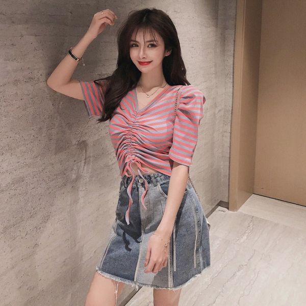 2020 new style elegant style rainbow striped v-neck short drawstring pleated slim-fit slim t-shirt for women, White
2020 new style elegant style rainbow striped v-neck short drawstring pleated slim-fit slim t-shirt for women, White