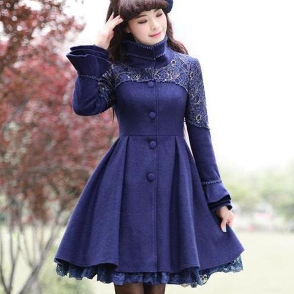 winter women stand collar fashion lace stitching vintage slim blue wool coats ladies woolen blend, Black
winter women stand collar fashion lace stitching vintage slim blue wool coats ladies woolen blend, Black
