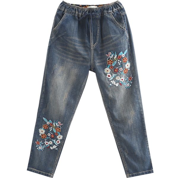 

omikron 2019 summer new female line sen hole letter embroidered flowers loose jeans trousers women clothes denim pants jeans, Blue