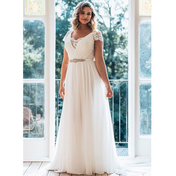 plus size wedding dresses long v-neck short sleeve brush train illusion waist jewellery summer wedding dress, White
plus size wedding dresses long v-neck short sleeve brush train illusion waist jewellery summer wedding dress, White