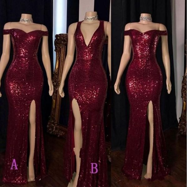 2020 new split burgundy prom dresses v neck mermaid formal evening gowns plus size reflective dress, Black
2020 new split burgundy prom dresses v neck mermaid formal evening gowns plus size reflective dress, Black