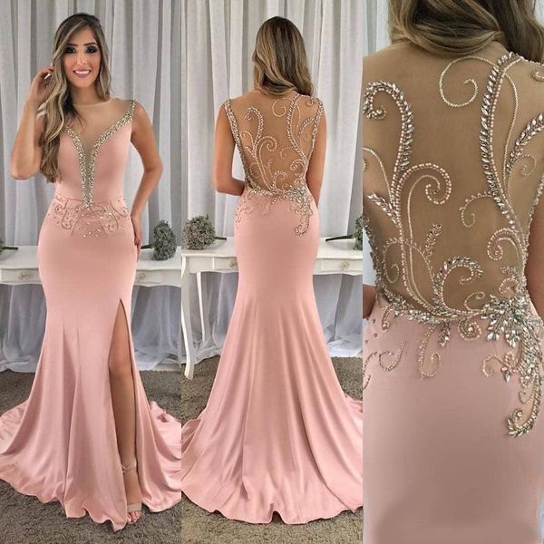 new pink mermaid prom dresses sheer neck crystal beaded side split back sweep train formal party dress evening gowns, Black
new pink mermaid prom dresses sheer neck crystal beaded side split back sweep train formal party dress evening gowns, Black