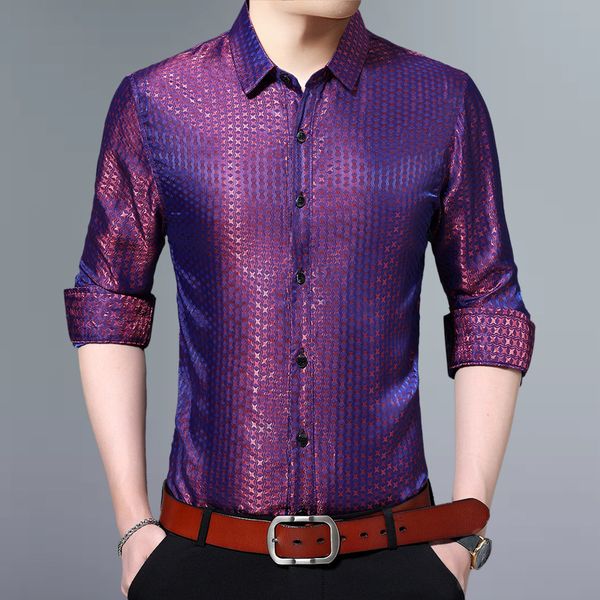 satin dress shirts mens purple checker printed shirt mens silk shirts casual clothes loose purple elastic green party dress, White;black
satin dress shirts mens purple checker printed shirt mens silk shirts casual clothes loose purple elastic green party dress, White;black