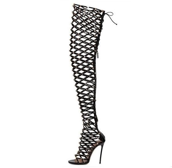 black patent leather gold studded over the knee boot thin heels peep toe back zipper cut-out glatiator sandal boots for woman
black patent leather gold studded over the knee boot thin heels peep toe back zipper cut-out glatiator sandal boots for woman