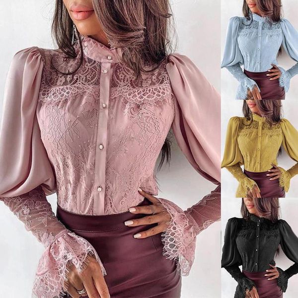 office lady solid color stand collar long flared sleeve lace buttonsed down shirt, White
office lady solid color stand collar long flared sleeve lace buttonsed down shirt, White