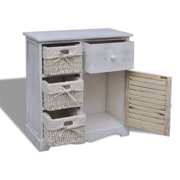 white wooden cabinet with 3 left weaving baskets living room furniture 
white wooden cabinet with 3 left weaving baskets living room furniture