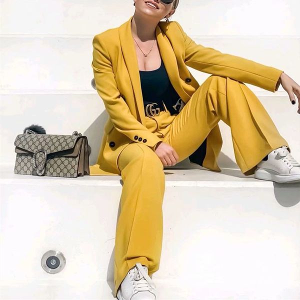 women suits yellow blazer pockets double breasted long sleeve office wear coat loose wide leg pants solid casual +pants set, White
women suits yellow blazer pockets double breasted long sleeve office wear coat loose wide leg pants solid casual +pants set, White