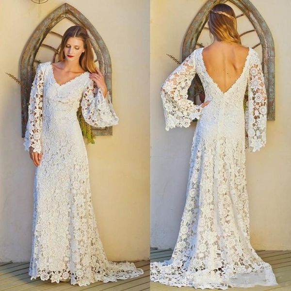 boho wedding dresses full lace long flare sleeves v neck backless mermaid bohemian bridal gowns vestido de noiva sweep trail, White
boho wedding dresses full lace long flare sleeves v neck backless mermaid bohemian bridal gowns vestido de noiva sweep trail, White