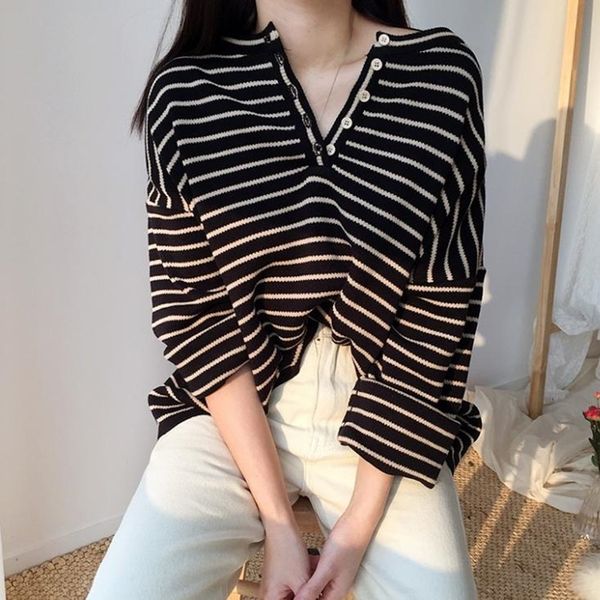 korean v neck sweater women autumn winter preppy style casual loose ladies striped sweaters pullovers knitted jumpers, White;black
korean v neck sweater women autumn winter preppy style casual loose ladies striped sweaters pullovers knitted jumpers, White;black