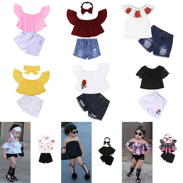 детская одежда для девочек наряды детей с плеча вершины + шорты джинсовые набор летних бутик детской одежды наборы 10 типов c1841, White 
детская одежда для девочек наряды детей с плеча вершины + шорты джинсовые набор летних бутик детской одежды наборы 10 типов c1841, White