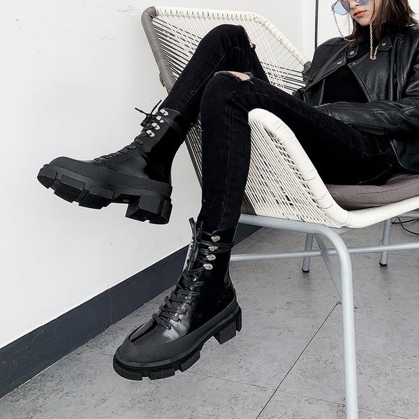 small white shoes genuine leather chalaza flat bottom with locomotive boots boots short, Black