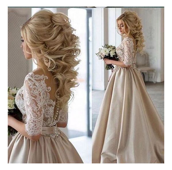 white lace and champagne wedding dresses half sleeve illusion bodice satin skirt a line bridal gowns customize plus size
white lace and champagne wedding dresses half sleeve illusion bodice satin skirt a line bridal gowns customize plus size