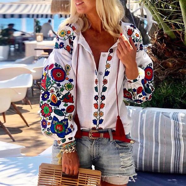 women's blouses & shirts bohemian ethnic style embroidery collar blouse women lantern long sleeve button blusa office work, White
women's blouses & shirts bohemian ethnic style embroidery collar blouse women lantern long sleeve button blusa office work, White