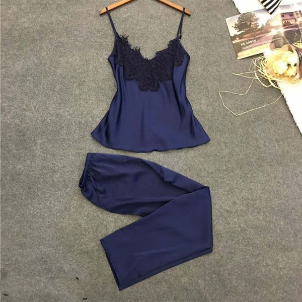 women satin silk pajamas set sleeveless + pants lace sleepwear robe smooth feminina female bandage soild nightwear, Blue;gray
women satin silk pajamas set sleeveless + pants lace sleepwear robe smooth feminina female bandage soild nightwear, Blue;gray