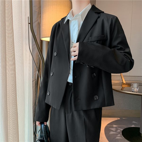 men 2 pcs suits sets double breasted blazer coat trousers male vintage fashion streetwear casual short suit jacket pant, White;black
men 2 pcs suits sets double breasted blazer coat trousers male vintage fashion streetwear casual short suit jacket pant, White;black