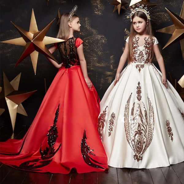 classy sequined lace flower girl dresses for wedding sheer neck toddler pageant gowns sweep train satin kids prom dress, White;blue