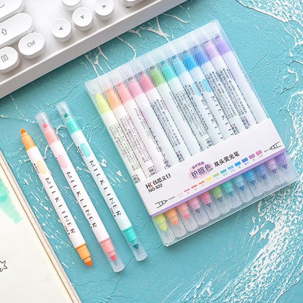 Colored Drawing Painting Highlighter Art Marker Pens 12 Pcs/set Double Headed Highlighters Stationery Mild Highlighters Pens