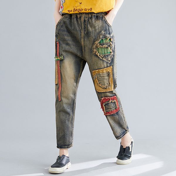 the orchid grey with embroidery harlan elastic waist big yards long leisure trousers, Blue
the orchid grey with embroidery harlan elastic waist big yards long leisure trousers, Blue