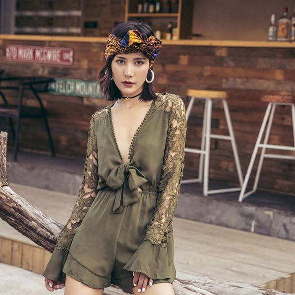 women bodysuits deep-v lace up ruffled short jumpsuits lace patchwork jumpsuits hollow out long sleeve playsuits, Black;white
women bodysuits deep-v lace up ruffled short jumpsuits lace patchwork jumpsuits hollow out long sleeve playsuits, Black;white