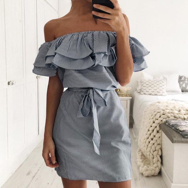 casual dresses women dress striped off shoulder ruffle mini summer bandage tight vestido feminino robe femme 2021, Black;gray
casual dresses women dress striped off shoulder ruffle mini summer bandage tight vestido feminino robe femme 2021, Black;gray