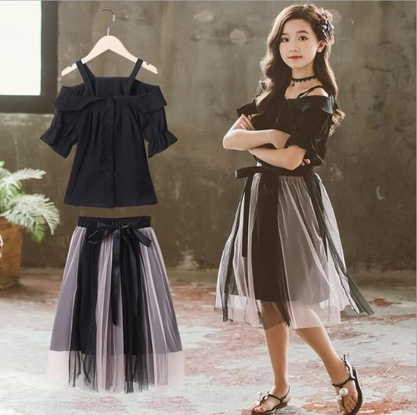 girls clothes set 2020 summer black t shirt+mesh tutu skirt 2 pieces sets kid basic causal cotton clothing suit children outfit, White 
girls clothes set 2020 summer black t shirt+mesh tutu skirt 2 pieces sets kid basic causal cotton clothing suit children outfit, White