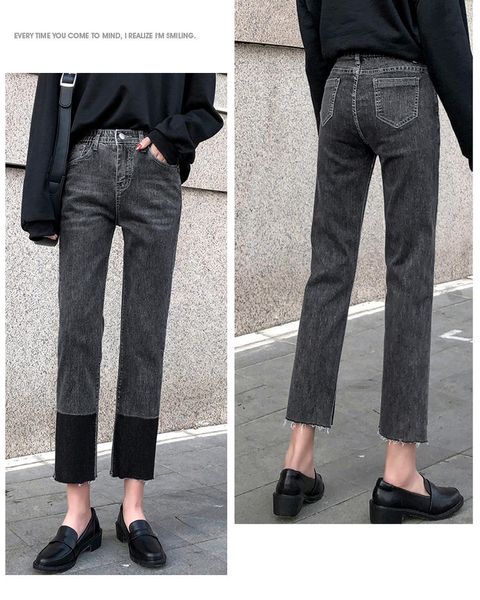 black straight jeans female loose show thin, Blue