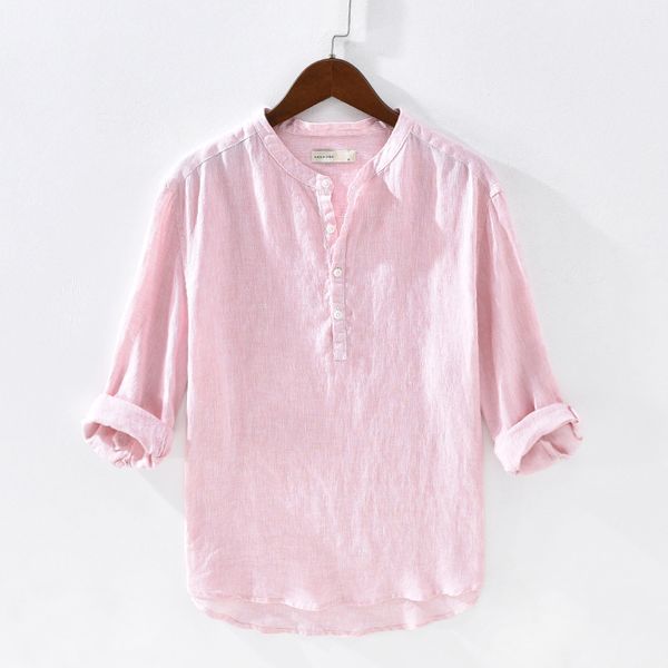men's three quarter sleeve shirts 100%linen summer casual fashion solid pink shirts man stand collar blouse y2496, White;black
men's three quarter sleeve shirts 100%linen summer casual fashion solid pink shirts man stand collar blouse y2496, White;black