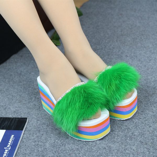 womens rainbow colors real fur decor slipper rhinestones platform muffin super high wedge heel shoes slides slingback 4color, Black
womens rainbow colors real fur decor slipper rhinestones platform muffin super high wedge heel shoes slides slingback 4color, Black