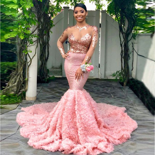 sparkly pink mermaid sequined lace prom dresses jewel neck appliqued long sleeves party dress sweep train plus size evening gowns, Black
sparkly pink mermaid sequined lace prom dresses jewel neck appliqued long sleeves party dress sweep train plus size evening gowns, Black