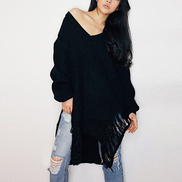 black loose v-neck off the shoulder pullover fashion hole back irregular hem women's sweater, White;black
black loose v-neck off the shoulder pullover fashion hole back irregular hem women's sweater, White;black