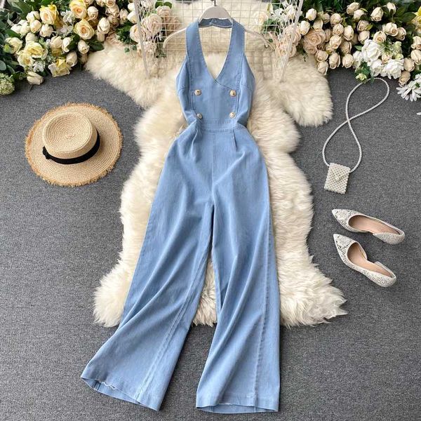 zosol 2020 jumpsuit european and american style elegant halter sleeveless backless high waist slimming wide leg denim romper, Black;white
zosol 2020 jumpsuit european and american style elegant halter sleeveless backless high waist slimming wide leg denim romper, Black;white