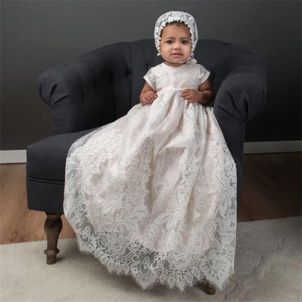 

grace christening gown & bonnet baptism gown baby girls christening dress pearls lace applique toddler robe 0-24month, White