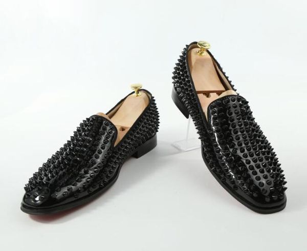 

2019 fashion european rivets studded black patent leather men casual shoes slip-on party/wedding massage loafers men size 47