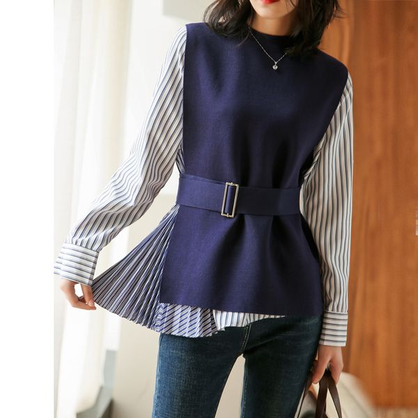 women elegant stripes blouse+knit vest set lady female navy color clothing with belt irregular pleated design, White
women elegant stripes blouse+knit vest set lady female navy color clothing with belt irregular pleated design, White