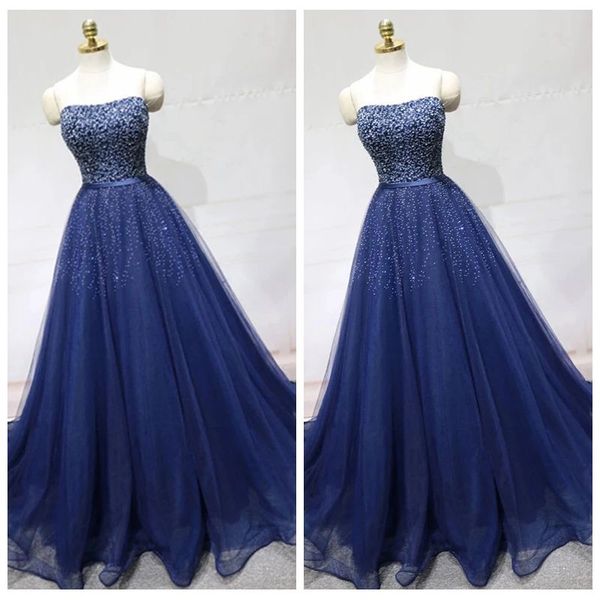 classic strapless tulle long dark blue formal dresses with piping skirt cute prom dresses floor length crystal beading couture prom gowns, Black
classic strapless tulle long dark blue formal dresses with piping skirt cute prom dresses floor length crystal beading couture prom gowns, Black